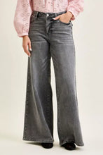 Gray wide-leg denim palazzo pants with faded wash and classic five-pocket design by Judy Blue mid rise palazzo split back yoke