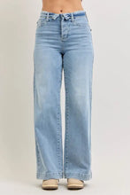 Light-wash denim judy blue mid rise retro wide leg jeans with tied fold-over waistband for stylish comfort