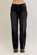 Black denim judy blue mid rise jeans with light stitching and straight leg western seam detail