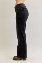 Black denim judy blue mid rise straight leg jeans with subtle thigh fading and western seam detail