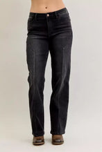 Black denim judy blue mid rise straight leg jeans with white contrasting western seam stitching