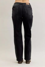 Black denim judy blue mid rise jeans with straight leg cut and subtle fading featuring western seam detail