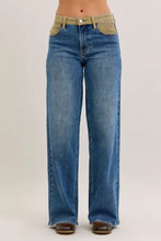 Judy Blue column straight jeans in blue denim with contrasting khaki corduroy waistband and pockets