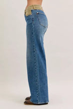 Judy Blue column straight jeans in blue denim with a tan corduroy waistband and flare leg design