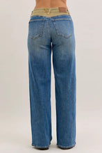 Judy Blue column straight jeans in blue denim with beige corduroy waistband and brown leather brand patch