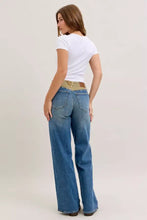 Blue denim judy blue column straight jeans with tan corduroy waistband in a flare fit style