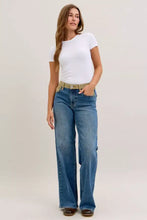 Blue denim judy blue column straight jeans with corduroy waist and tan belt for stylish casual wear