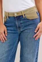 Blue denim judy blue column straight jeans with tan corduroy accents on waistband and pockets