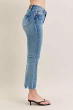 Light-wash denim jeans with straight-leg cut and frayed hem featuring vintage wash destroy kick flare style