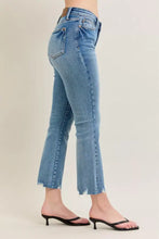 Light-wash denim jeans with a frayed hem and kick flare in vintage wash destroy by Judy Blue
