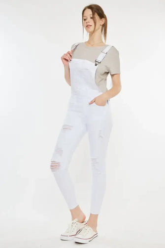Kancan Distressed Skinny Denim Overalls White Denim Overalls