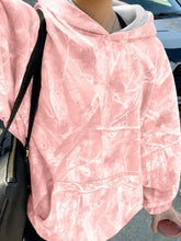 Pink camouflage kangaroo pocket long sleeve hoodie with soft textured fabric and contrasting white inner lining, tumble dry safe