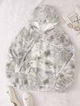 Gray and white camouflage kangaroo pocket long sleeve hoodie with soft textured fabric and relaxed fit machine wash cold care instructions