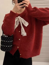 Lace bowknot knit cardigan in cozy red with white lace bow and gold hearts