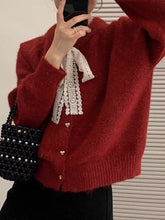 Lace bowknot knit cardigan in cozy red with white lace bow and hearts