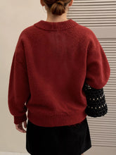 Cozy lace bowknot knit cardigan in textured red, slightly stretchy