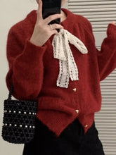 Red lace bowknot knit cardigan with fuzzy sweater, white bow, gold buttons