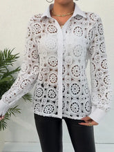 White lace long sleeve button up shirt with intricate circular patterns and lace button details