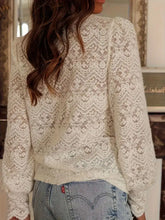 Lace button up long sleeve top in off-white delicate lace with intricate floral scalloped patterns and puffed sleeves