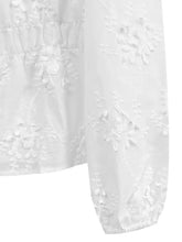 White lace detail balloon sleeve shirt with delicate floral embroidery and gathered fabric design
