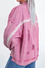 Pink distressed raw hem long sleeve denim jacket with lace trim and cat patches