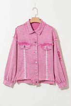 Pink distressed raw hem long sleeve denim jacket with lace and pearls