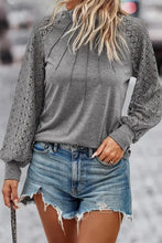 Gray Lace Detail Lantern Sleeve T-Shirt with Long Sleeve Length
