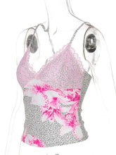 Pink floral and leopard cami with lace trim and ruched bodice detail for stylish layering and comfort