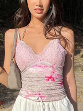 Pink lace leopard cami with floral print and ruched bodice detailing for elegant layering and comfort