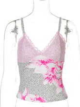 Pink and gray leopard cami with floral lace trim and ruched bodice detail in lightweight fabric