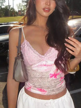 Pink lace and leopard cami with ruched bodice and white ribbon detail at the neckline for stylish layering