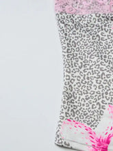 Lace detail leopard cami with ruched bodice featuring gray and white leopard print and pink lace floral trim
