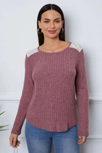 Women’s long sleeve mauve ribbed knit top with lace accents