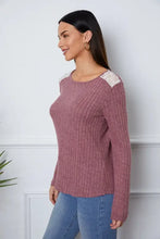 Women’s mauve long-sleeve ribbed knit top with lace shoulder accents