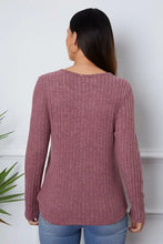 Women’s muted mauve long sleeve ribbed knit top with lace detail