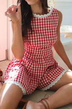 Red and white plaid sleeveless romper with lace trim