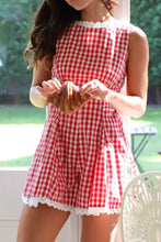 Red and white plaid sleeveless romper with lace trim at neckline and hem
