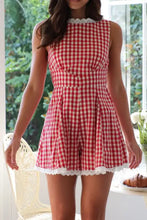 Red and white plaid sleeveless romper with lace details