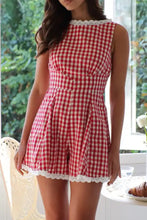 Red and white plaid sleeveless romper with lace trim