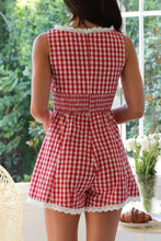 Red and white plaid sleeveless romper with lace trim