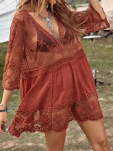 Rust-colored lace crochet cover-up dress with deep V-neck, flared sleeves
