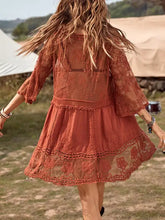 Rust orange lace overlay dress with bell sleeves, size available