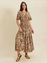 Lace Detail Printed Short Sleeve Midi Dress Camel Casual Dresses