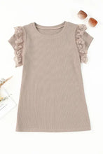 Ribbed knit dress with lace ruffle round neck cap sleeves