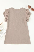 Beige ribbed knit round neck cap sleeve T-shirt with lace trim