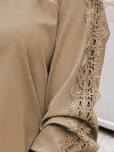Taupe lace detail round neck long sleeve T-shirt with intricate sleeve length design