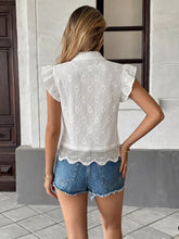 White lace button up blouse with ruffle sleeves and scalloped hem detail for elegant wear