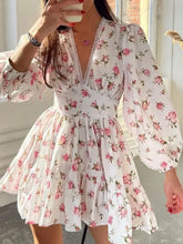 Lace Detail V-Neck Balloon Sleeve Dress Blush Pink Woman Casual Dress