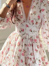 Lace Detail V-Neck Balloon Sleeve Dress Woman Casual Dress