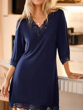 Navy Blue Lace Trim Nightgown Polyester Cotton Blend Dark Blue